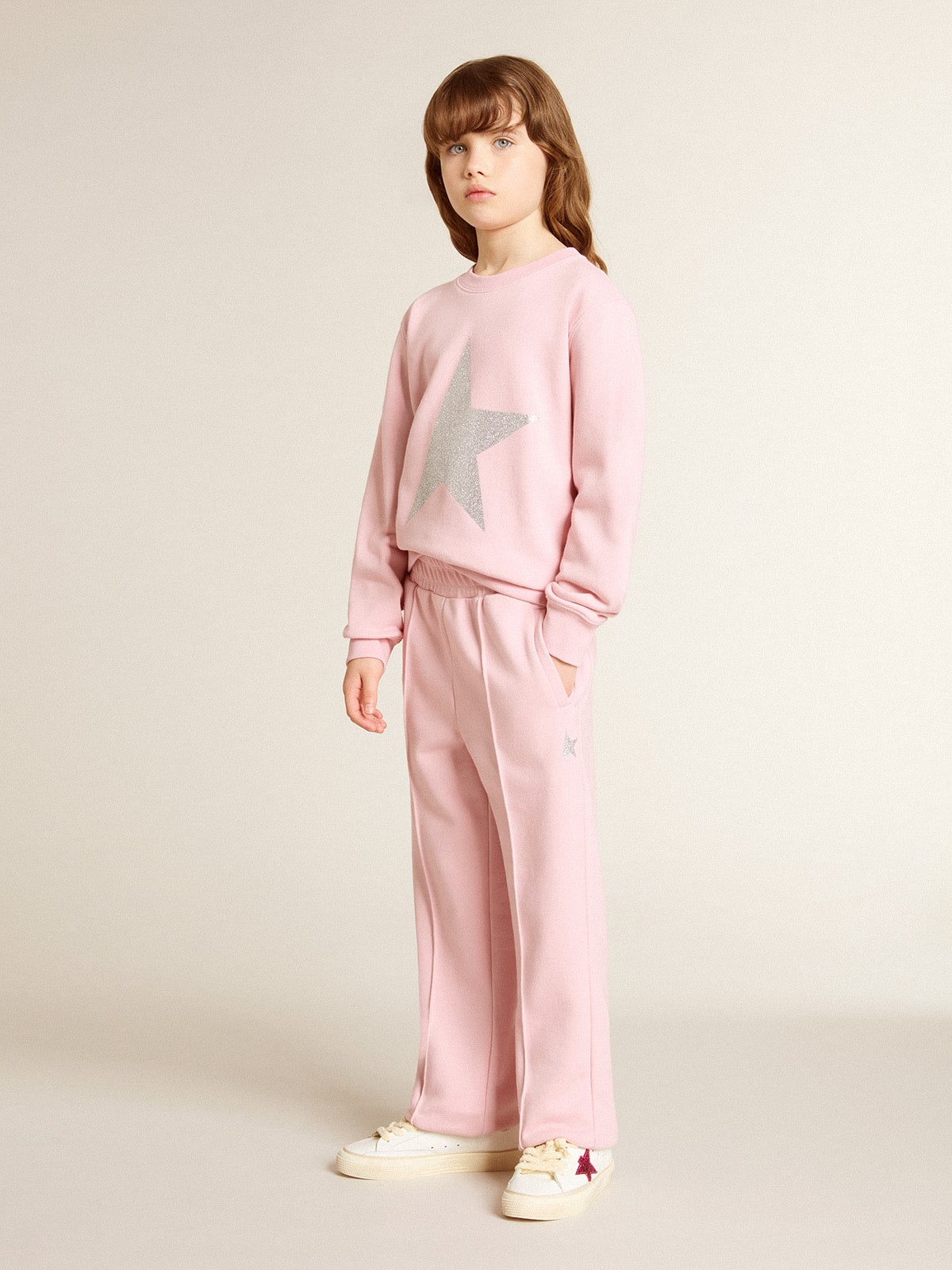 Pink sweatshirt with maxi star in silver glitter on the front| Golden Goose