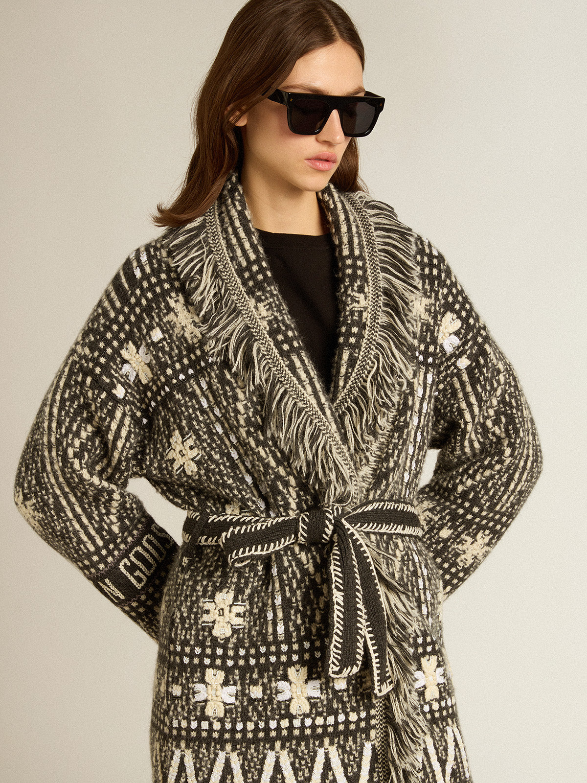 Cardigan with belt and dark gray Fair Isle pattern| Golden Goose