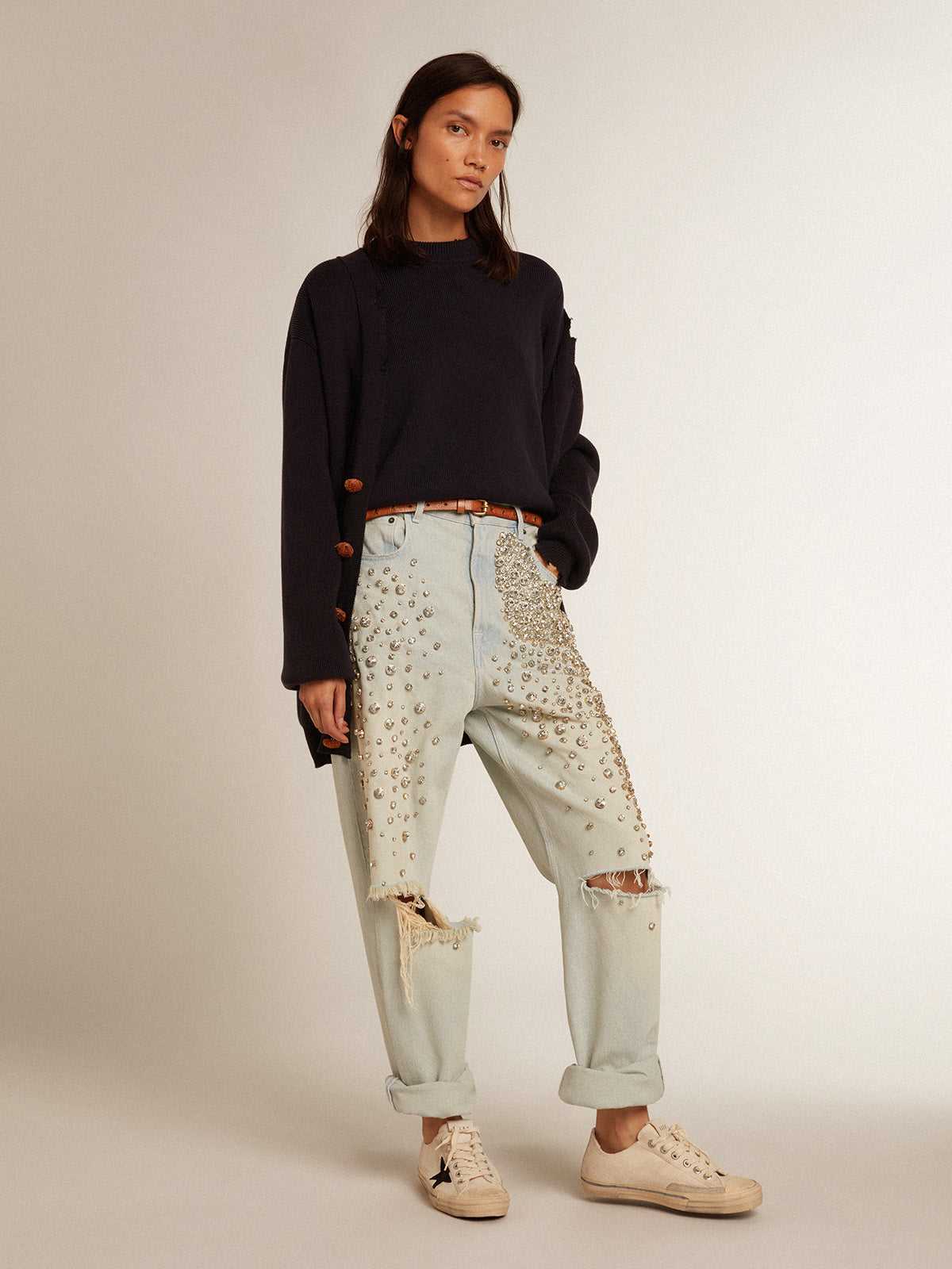 Women's cardigan in distressed dark blue cotton| Golden Goose