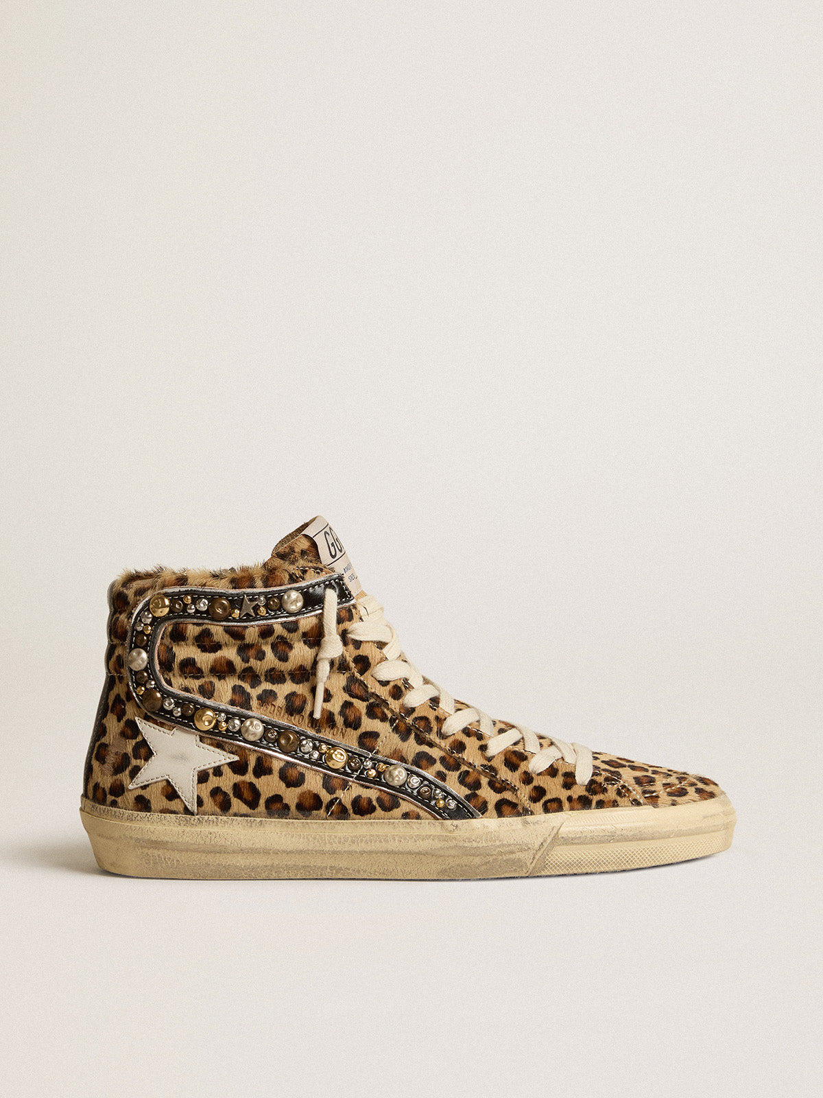 Women's Slide LAB in animal-print pony skin with studded leather flash| Golden Goose