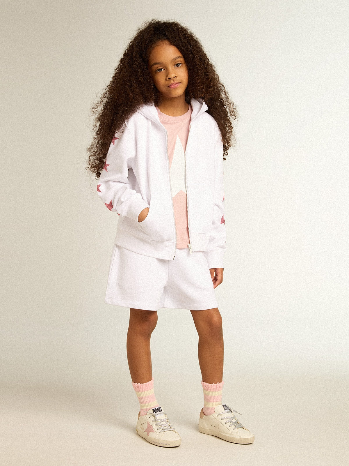 Girls' zip-up sweatshirt in white with glitter stars on the sleeves| Golden Goose