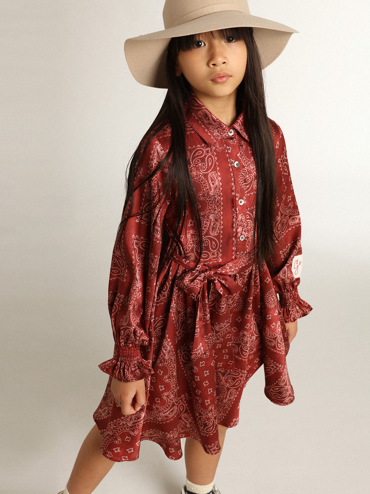 Girls' burgundy shirt dress with paisley print| Golden Goose