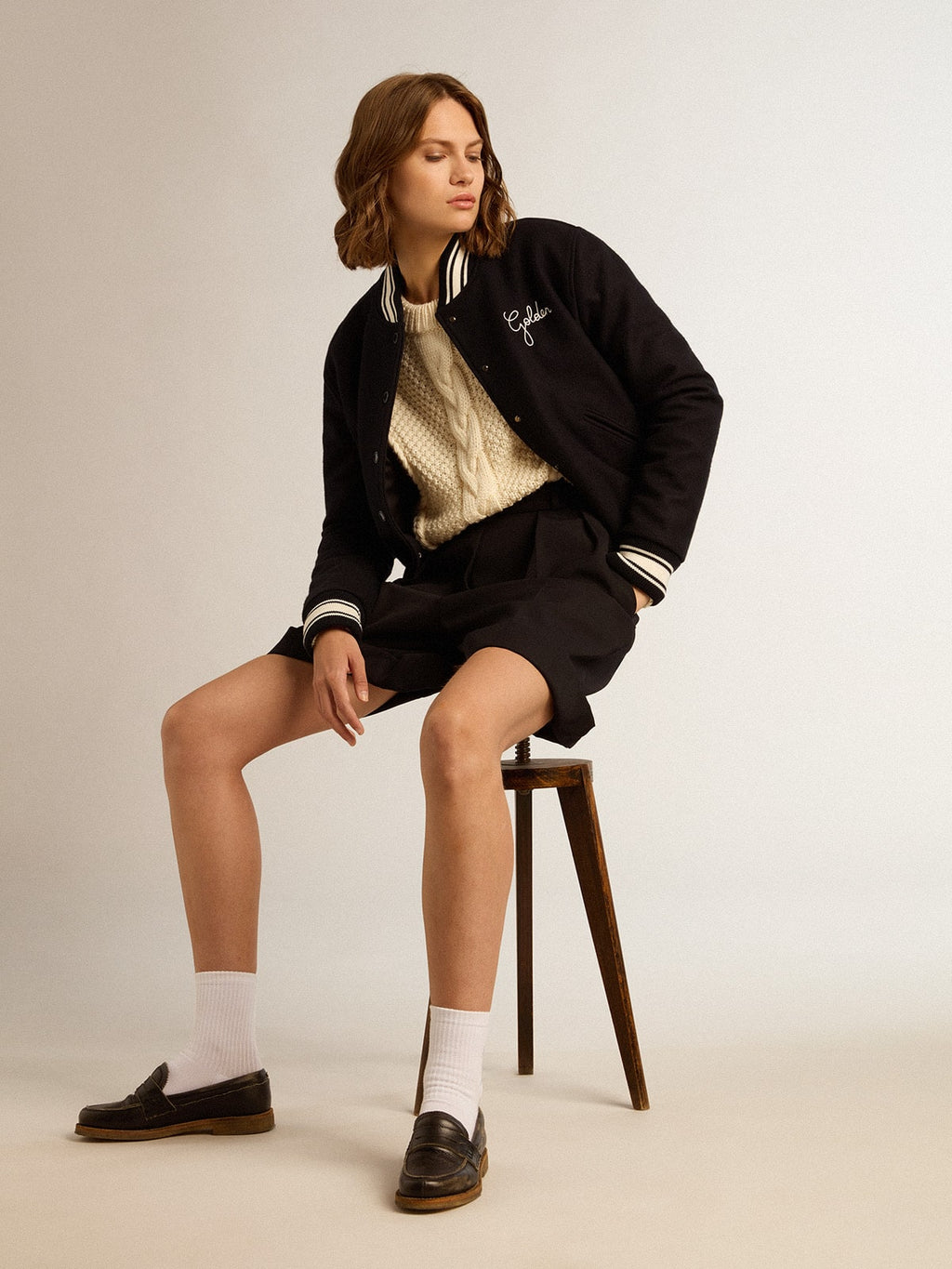 Women's bomber jacket in dark blue wool with white details| Golden Goose