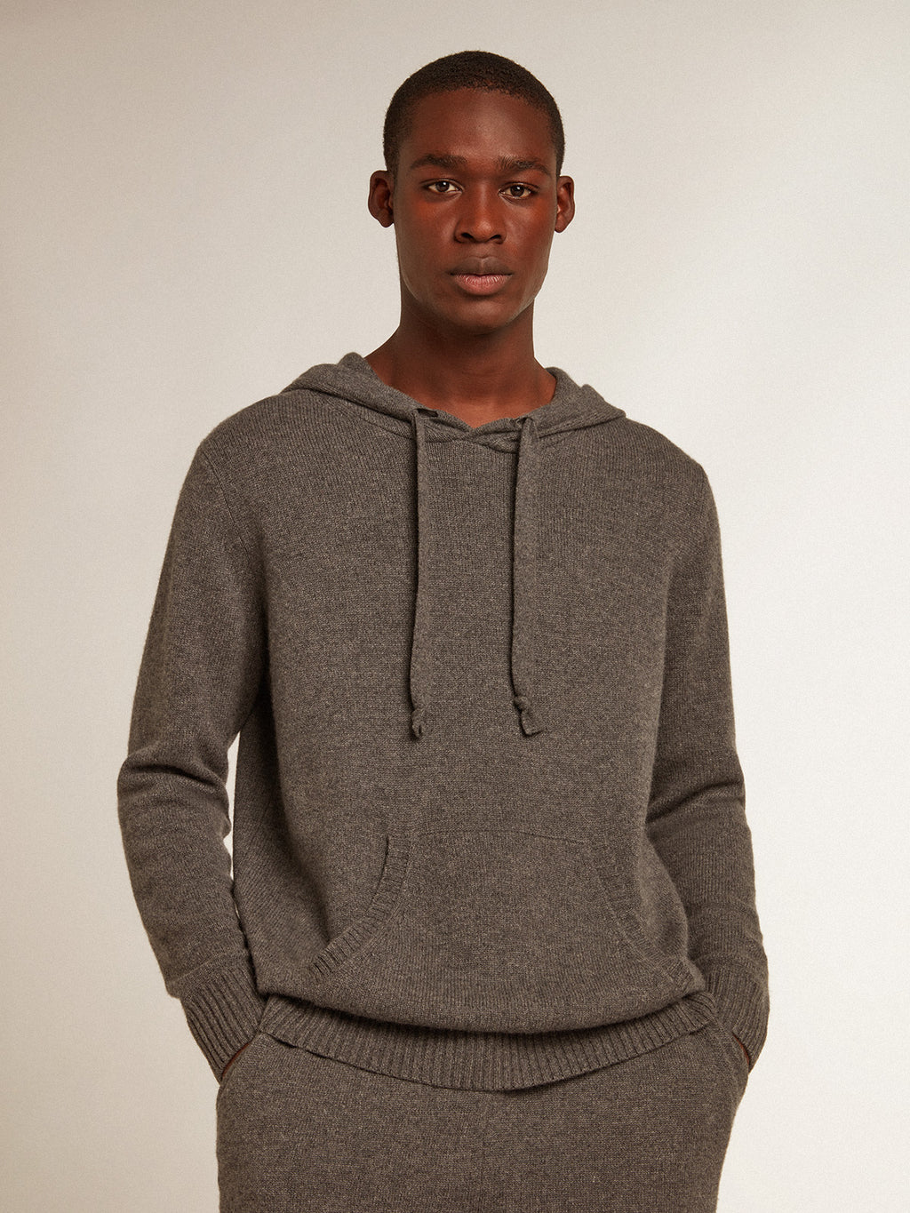 Men's gray melange cashmere blend sweatshirt with hood| Golden Goose