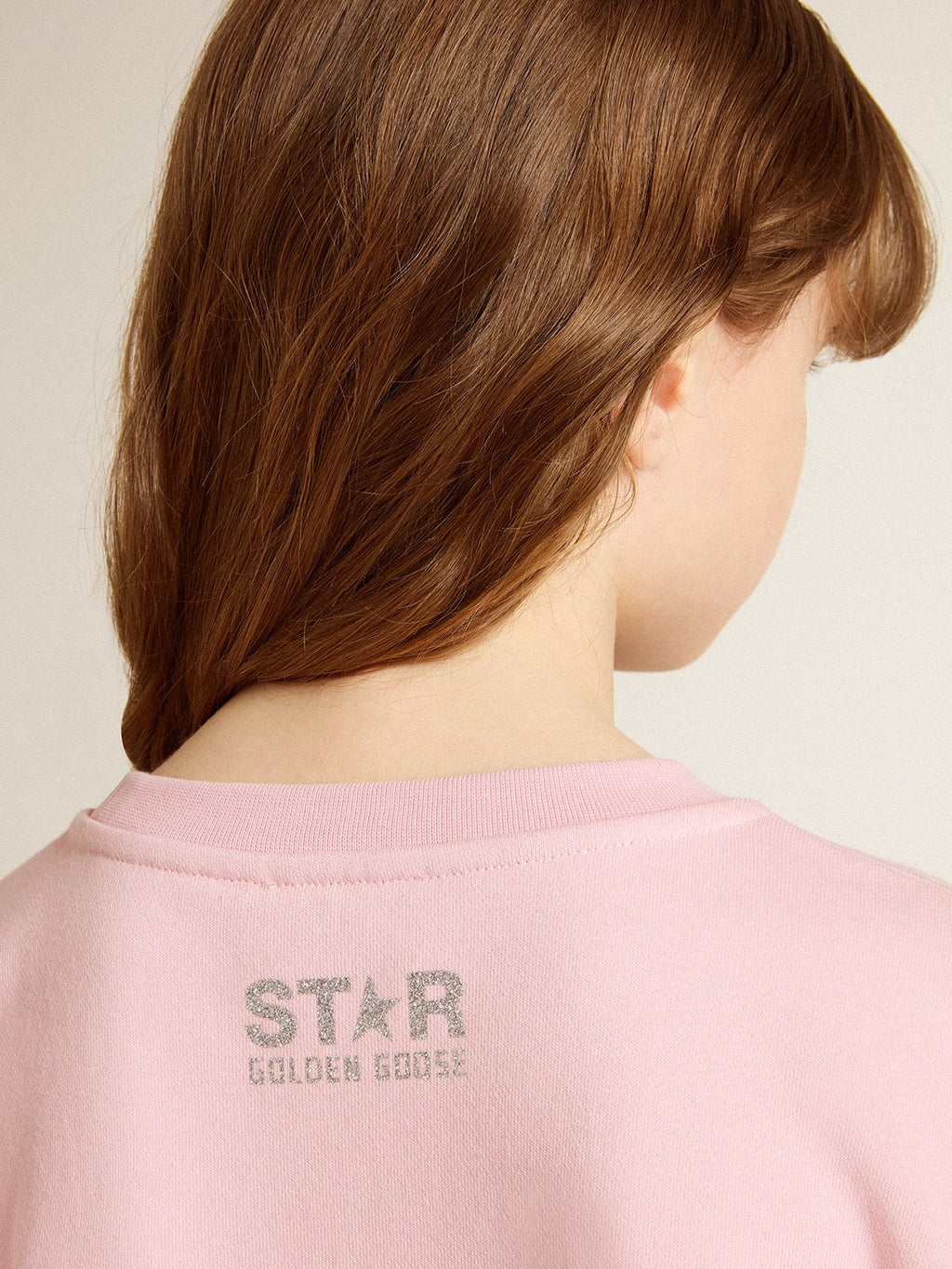 Pink sweatshirt with maxi star in silver glitter on the front| Golden Goose