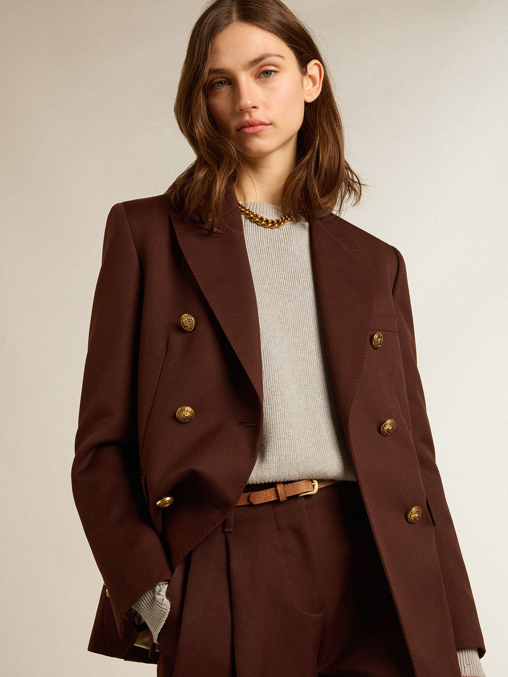 Women's double-breasted blazer in coffee-colored wool gabardine| Golden Goose
