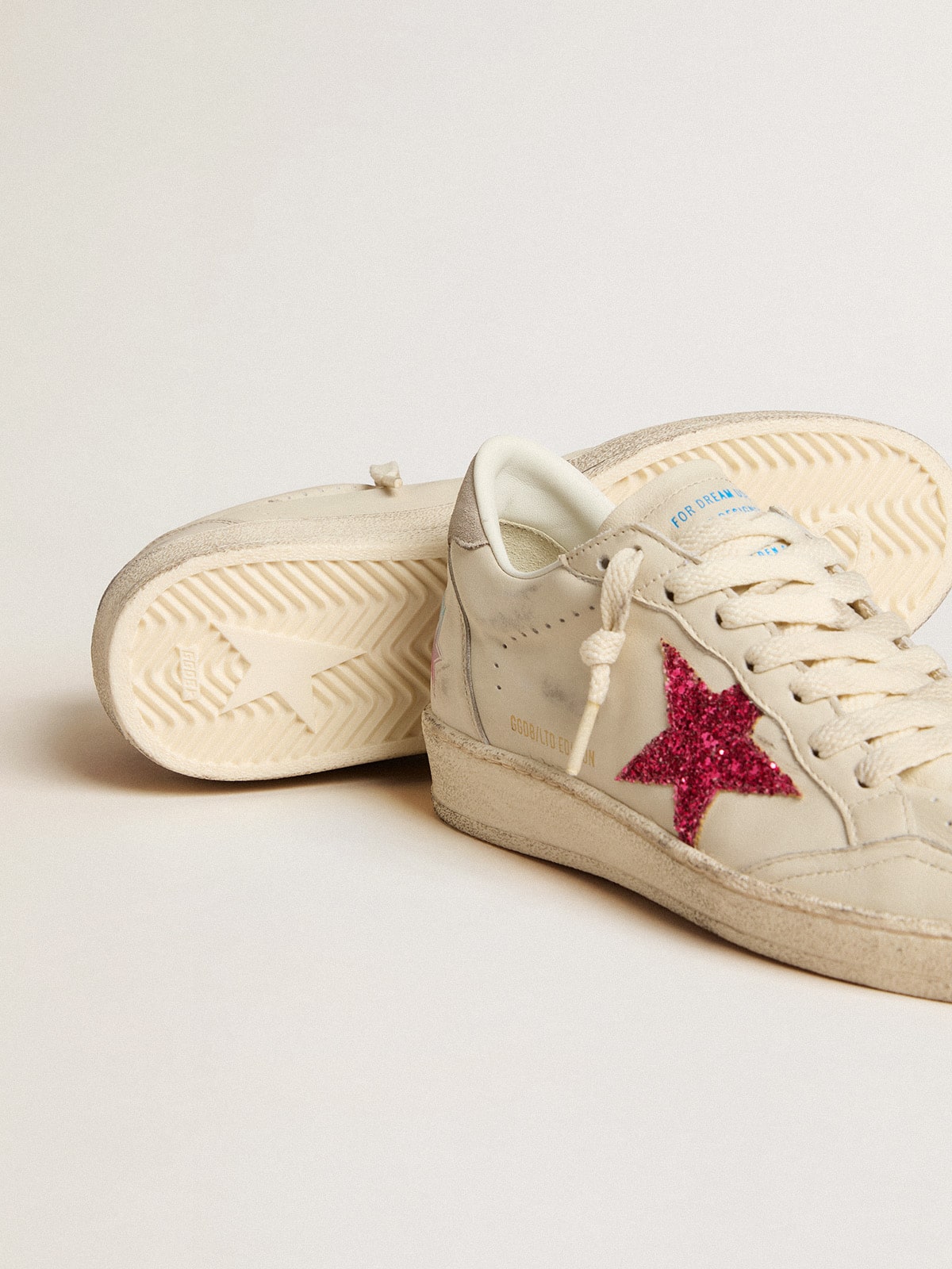Ball Star LTD with fuchsia glitter star and light gray suede heel tab| Golden Goose