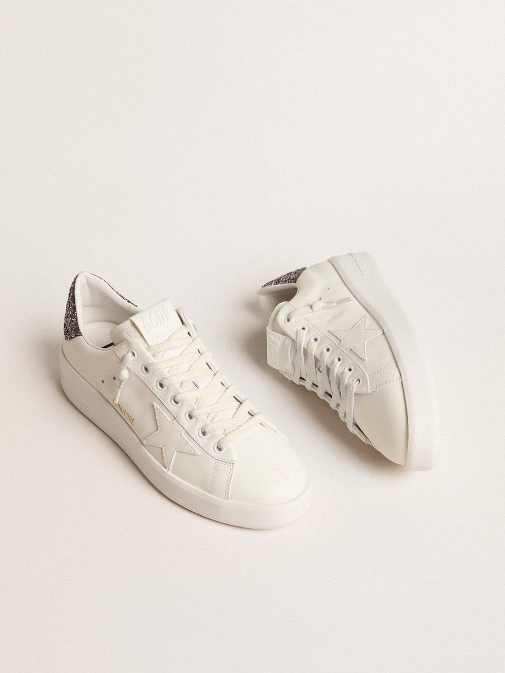 Women's Purestar with white leather star and anthracite glitter heel tab| Golden Goose
