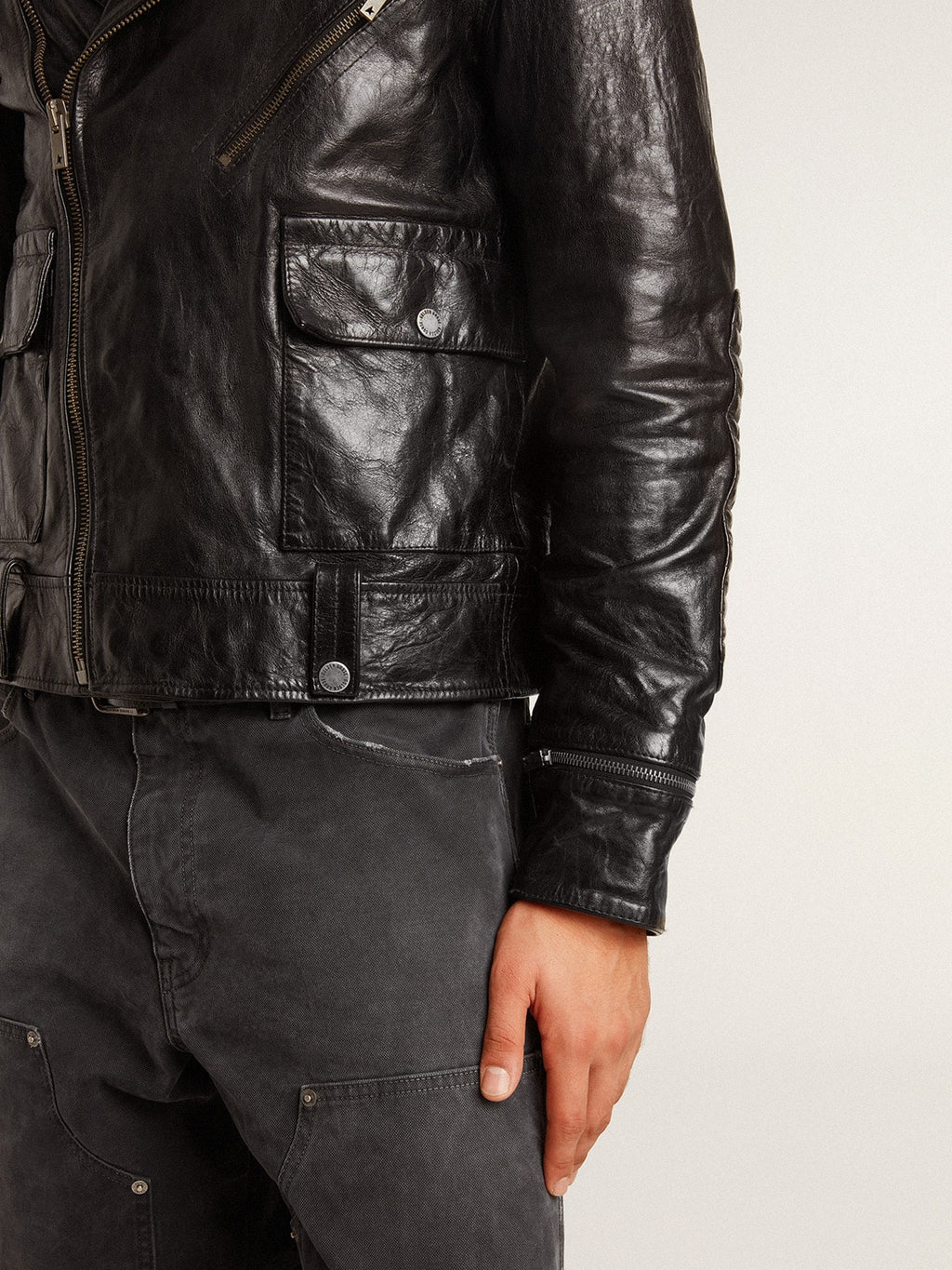 Men's black leather biker jacket with glossy effect| Golden Goose