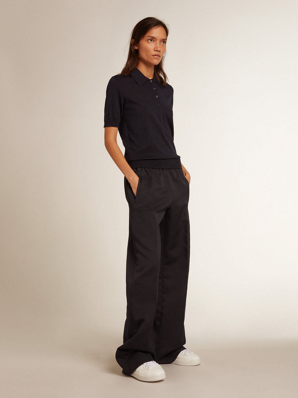 Women's polo shirt in navy-blue merino wool| Golden Goose