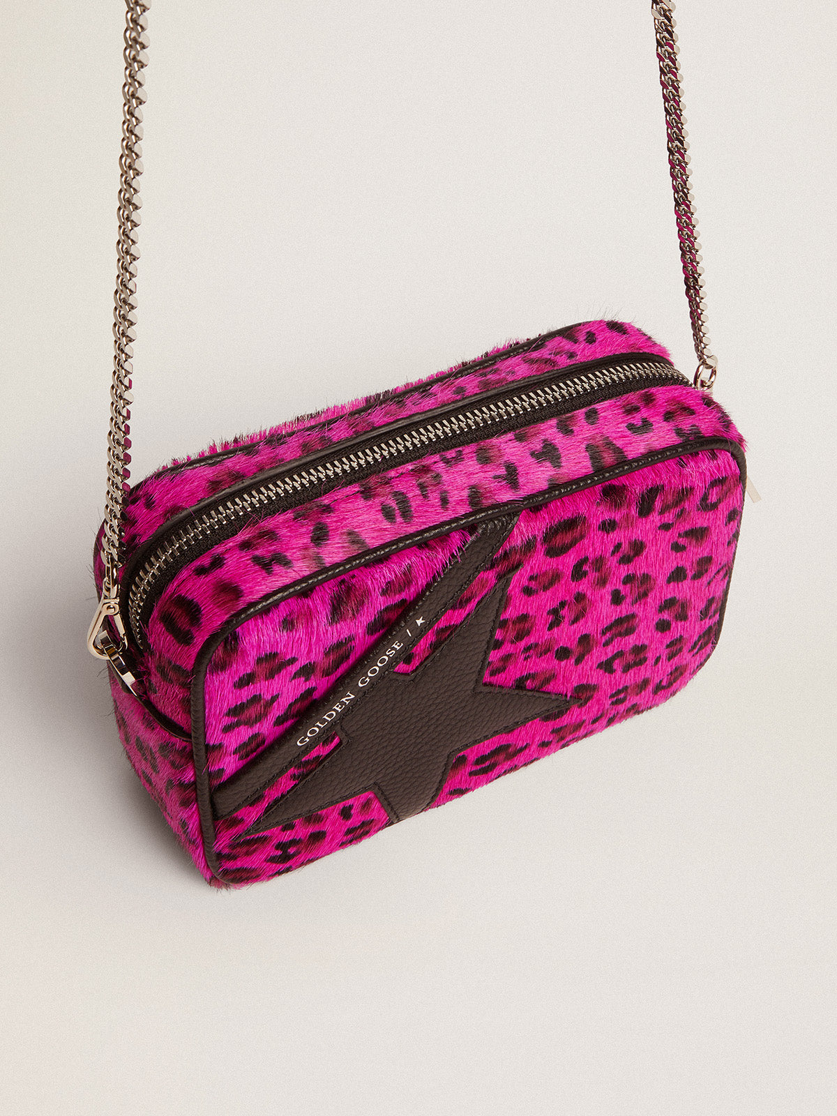 Mini Star Bag in fuchsia leopard-print pony skin with black leather star| Golden Goose