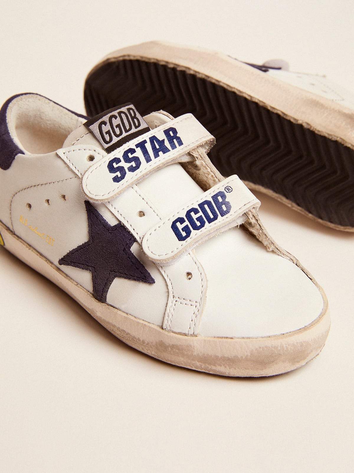 Old School Young in white leather with blue suede star and heel tab| Golden Goose