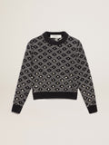 Women's round-neck sweater with white and blue geometric motifs| Golden Goose