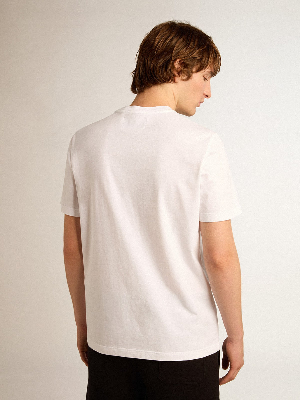 Men's white T-shirt with silver glitter star on the front| Golden Goose