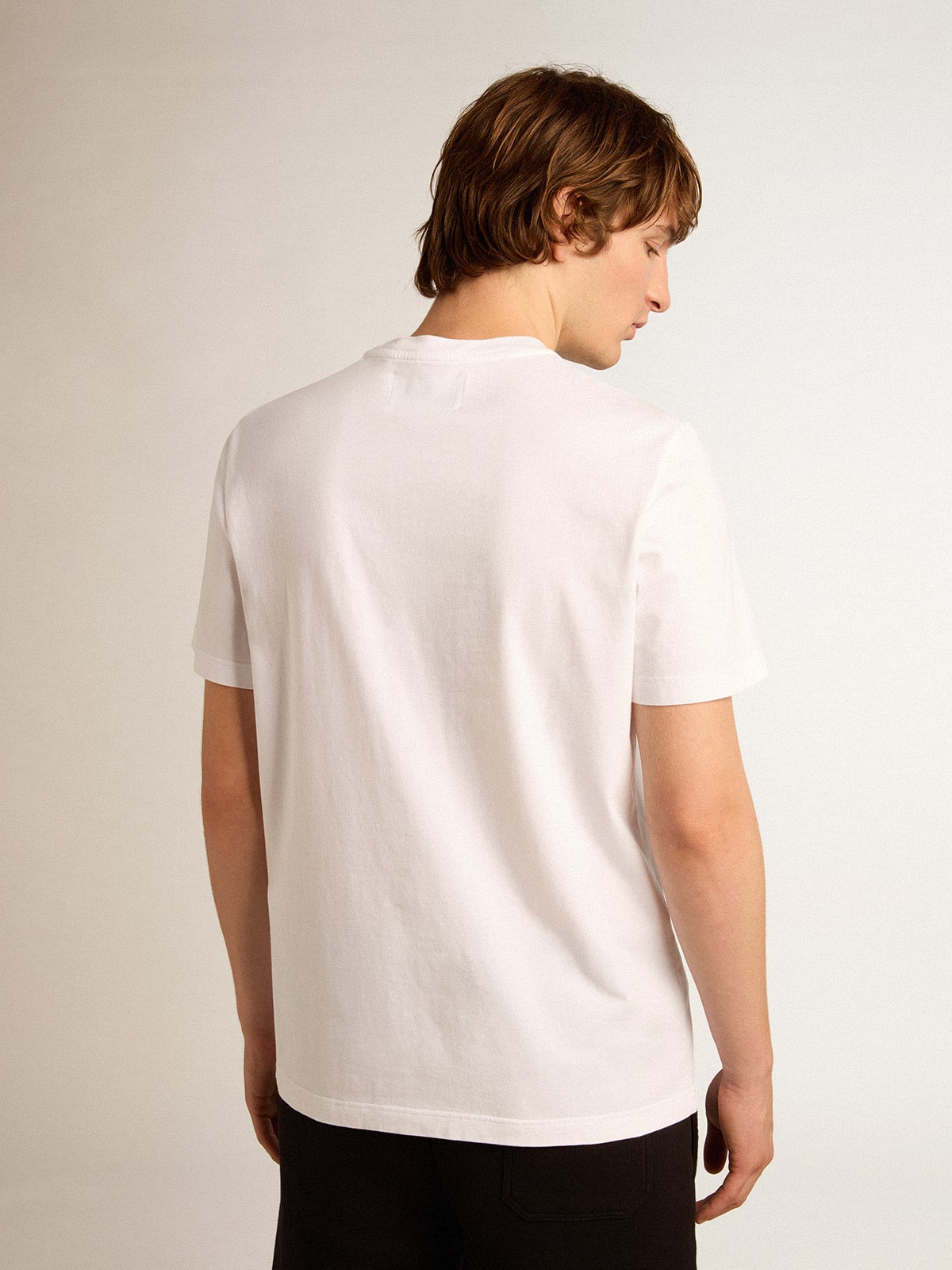 Men's white T-shirt with silver glitter star on the front| Golden Goose