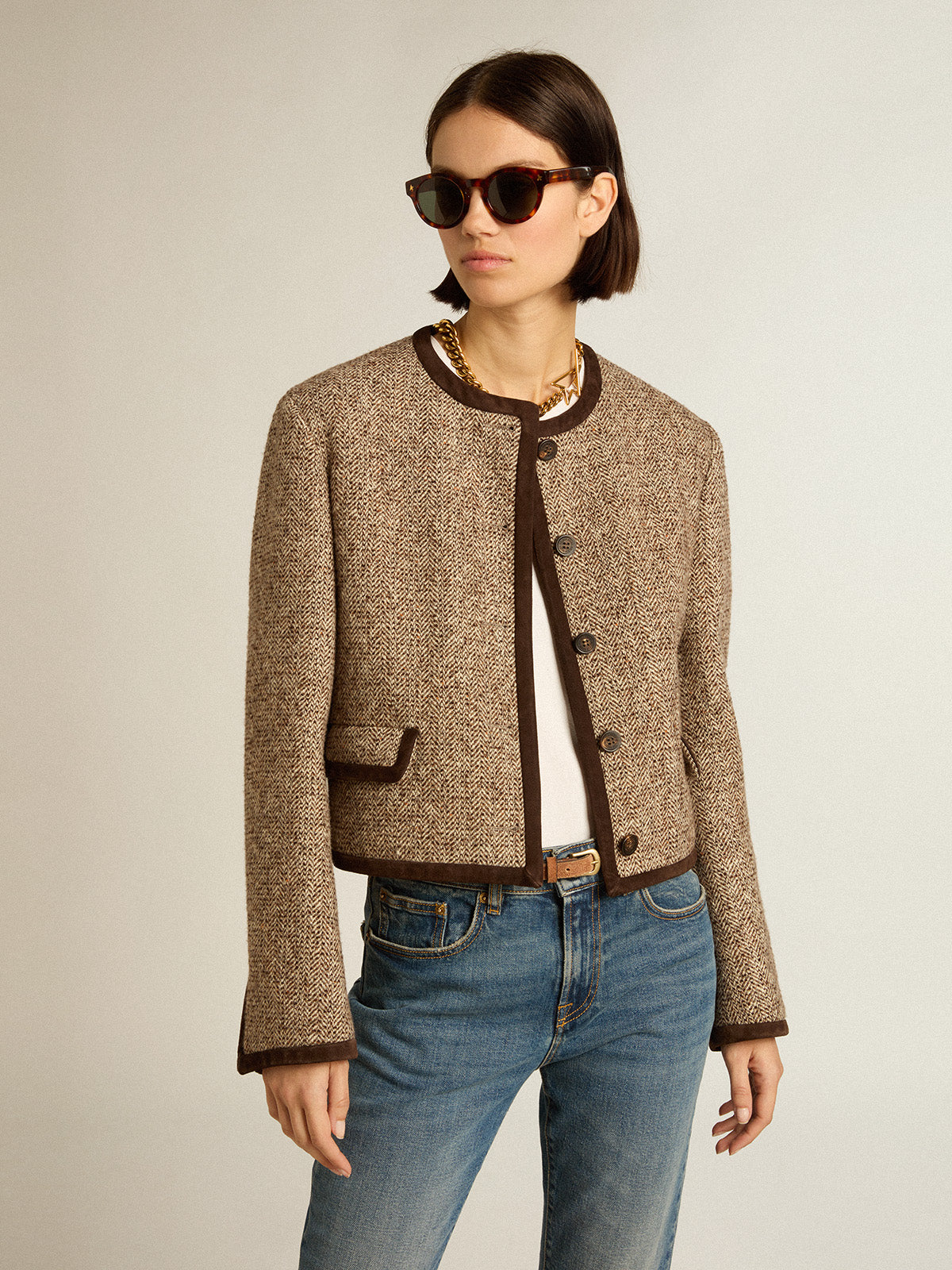 Brown cropped jacket with button fastening| Golden Goose