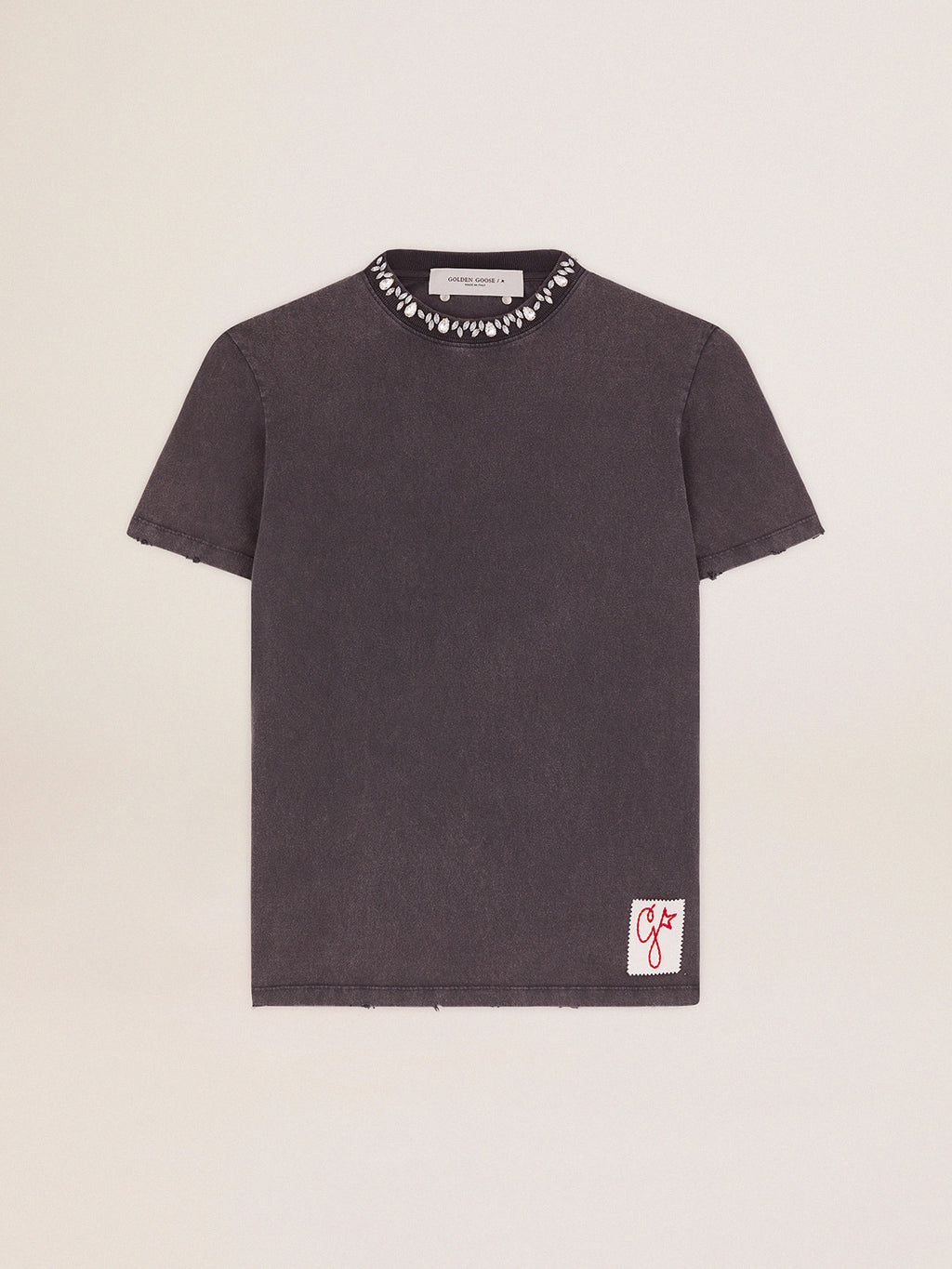 Women's anthracite gray T-shirt with crystals| Golden Goose