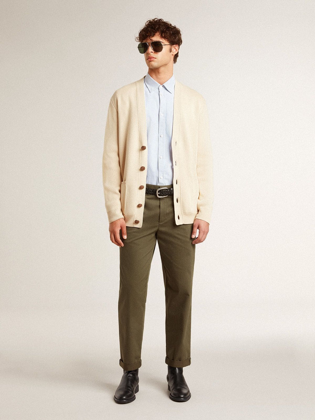 Men's beige cardigan with 'Golden' lettering on the back| Golden Goose
