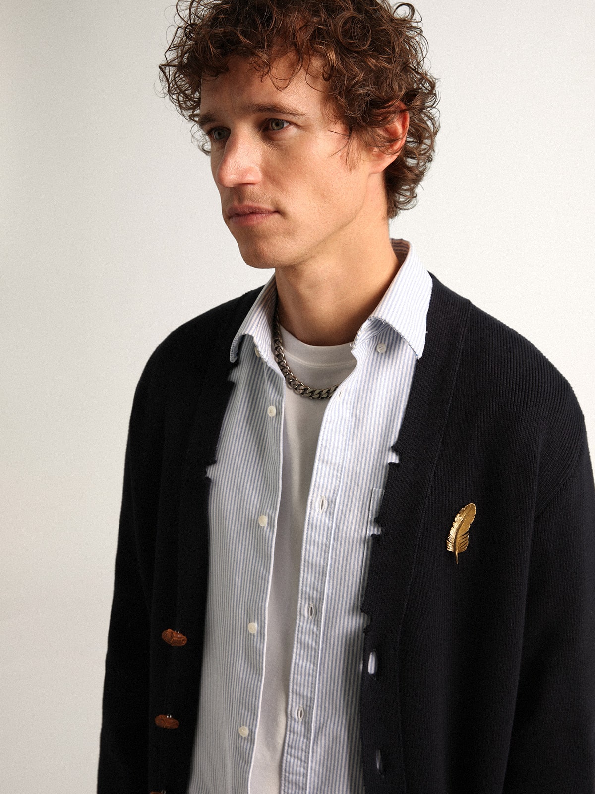 Golden Collection cardigan in dark blue cotton with a distressed finish| Golden Goose