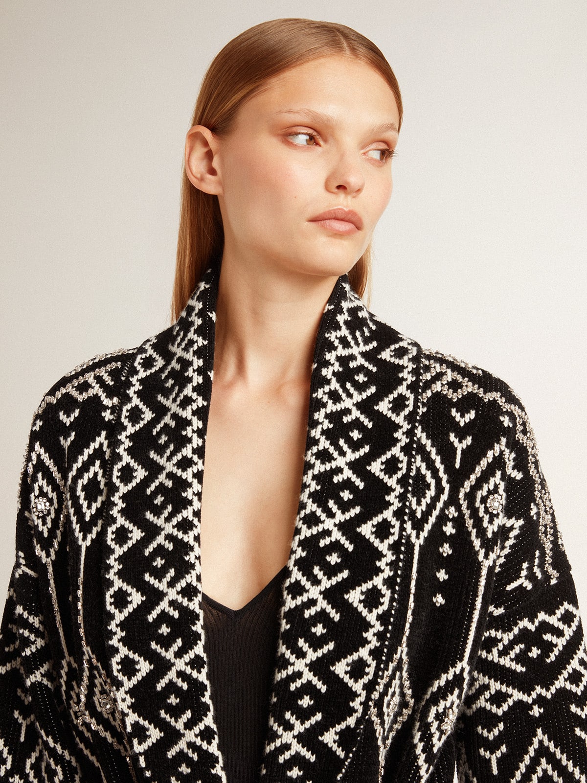 Women's black cardigan with belt and crystals| Golden Goose