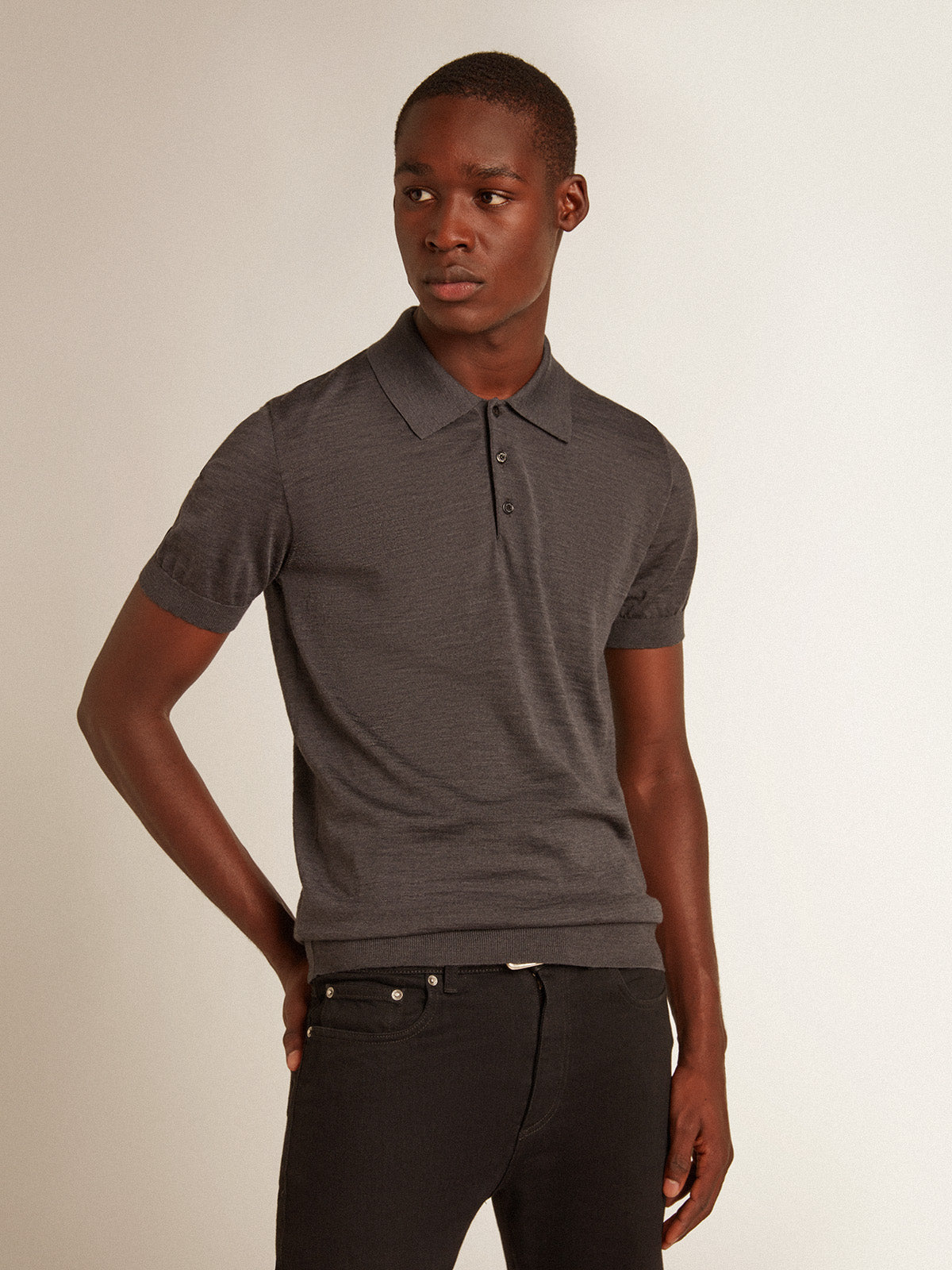 Men's short-sleeved polo shirt in gray merino wool| Golden Goose