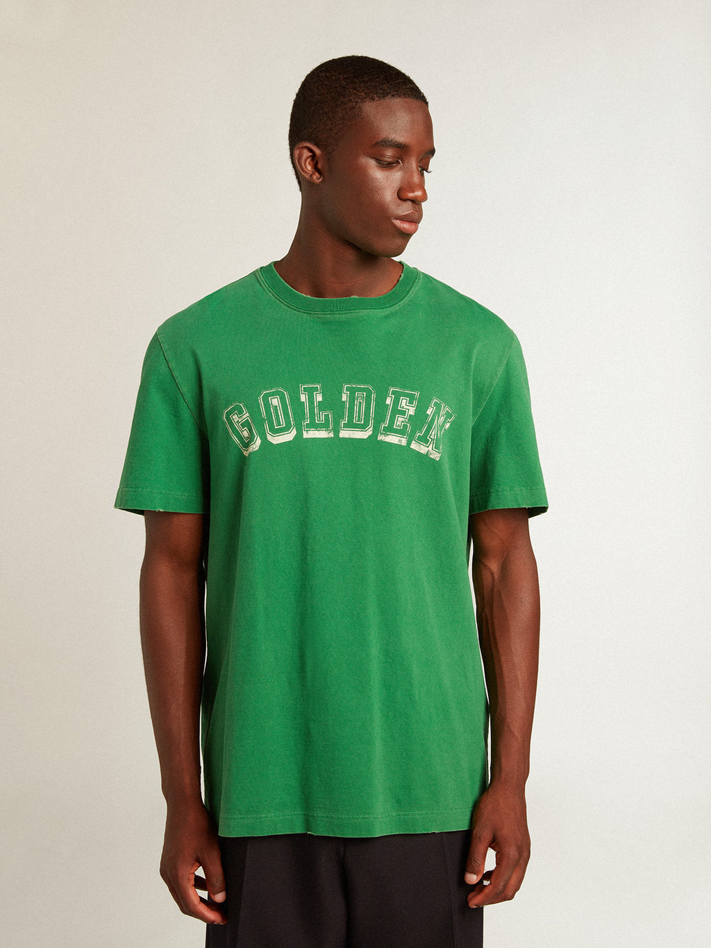 Men's green cotton T-shirt with lettering at the center| Golden Goose