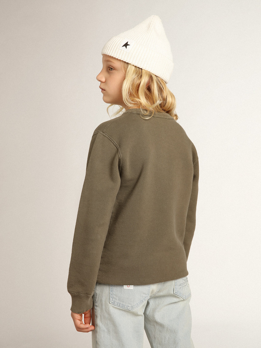 Distressed olive-green sweatshirt with Golden lettering on the front| Golden Goose
