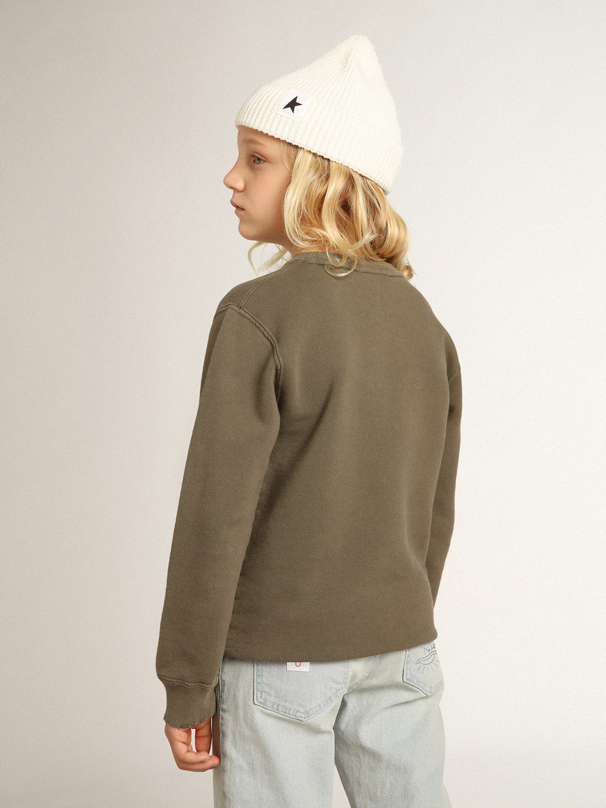 Distressed olive-green sweatshirt with Golden lettering on the front| Golden Goose
