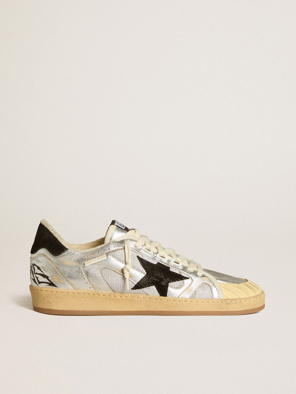 Ball Star LAB in silver leather with black suede star and heel tab| Golden Goose