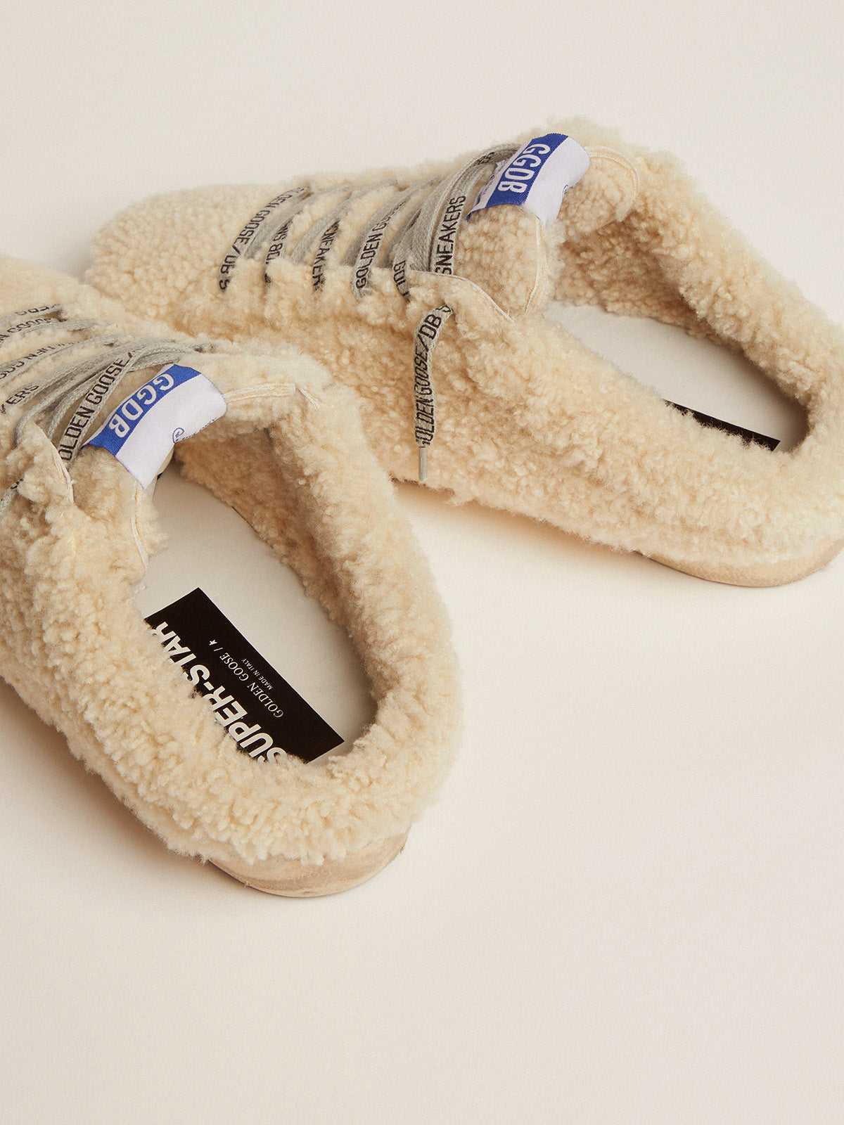 Women's Super-Star Sabot in white shearling and glitter star| Golden Goose