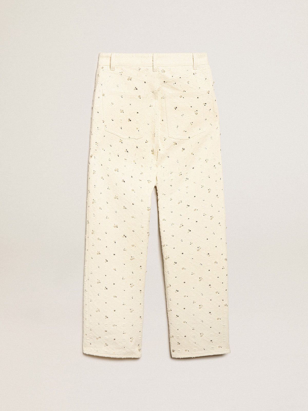Journey Collection Kim jeans in off-white cotton with diamond patterns and the addition of beads and crystals| Golden Goose