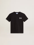 Black T-shirt with contrasting white logo on the front and maxi star on the back| Golden Goose