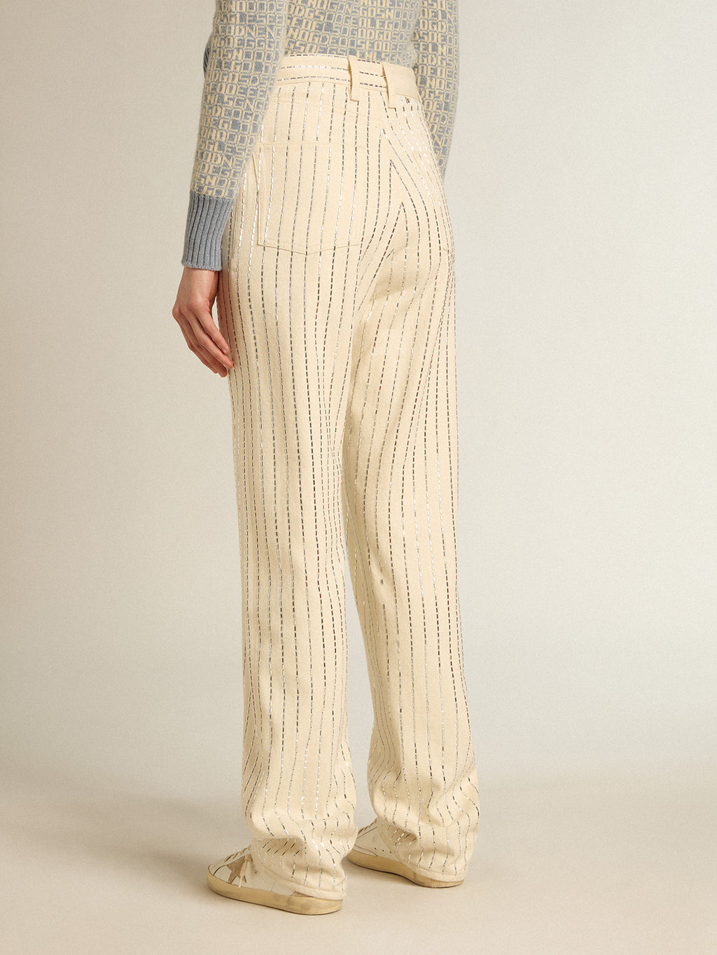 White pants with baguette-shaped studs| Golden Goose