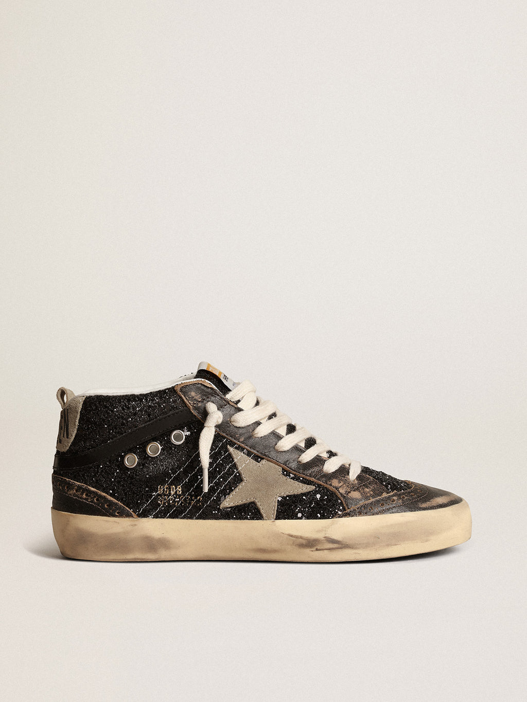 Mid Star in black glitter with dove-gray suede star and heel tab| Golden Goose