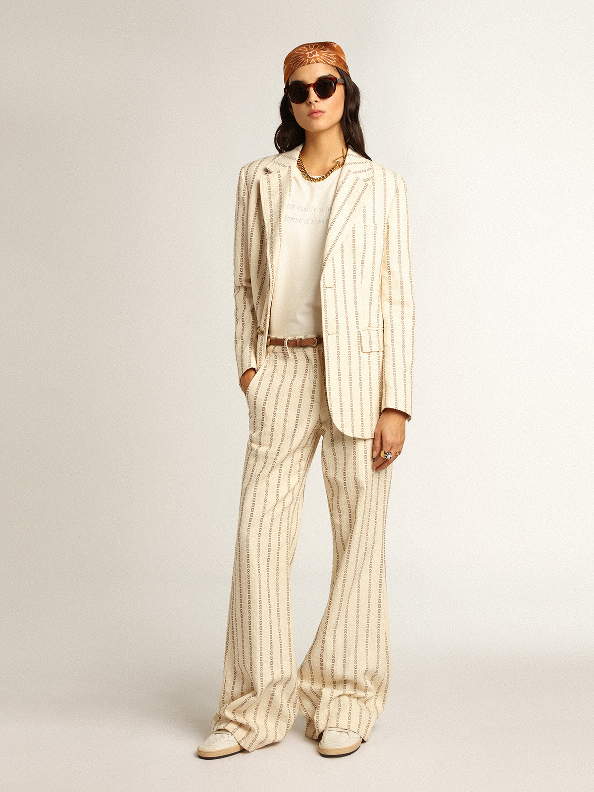 Single-breasted cream cotton blazer with jacquard motif| Golden Goose