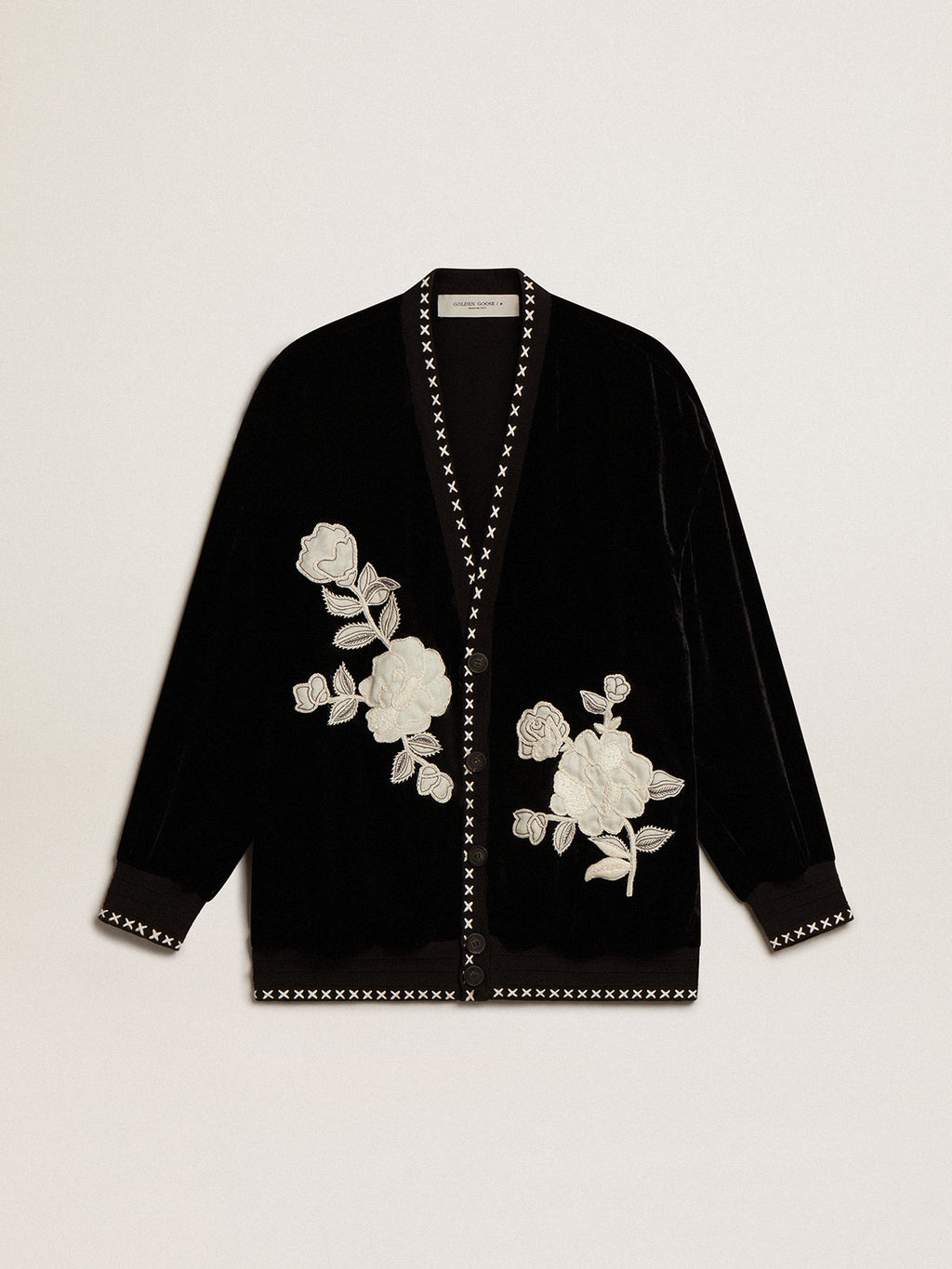 Black velvet jacket with floral embroidery on the front| Golden Goose