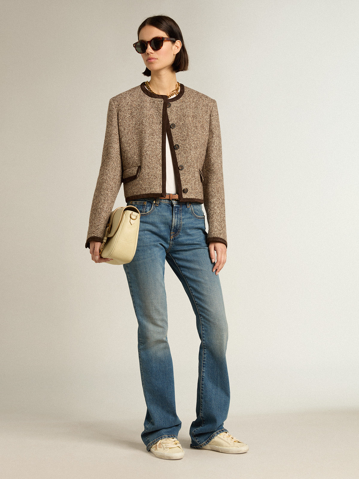 Brown cropped jacket with button fastening| Golden Goose
