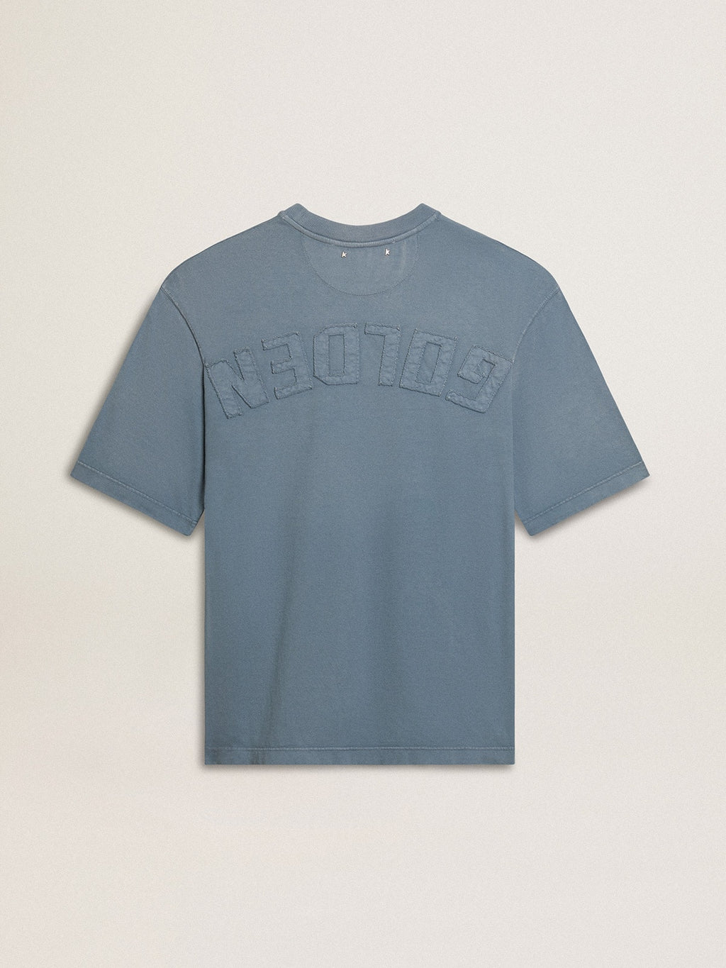Unisex cotton T-shirt in baby blue with reverse print on the back| Golden Goose