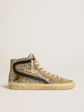 Slide in platinum glitter with leopard-print pony skin star and black flash| Golden Goose