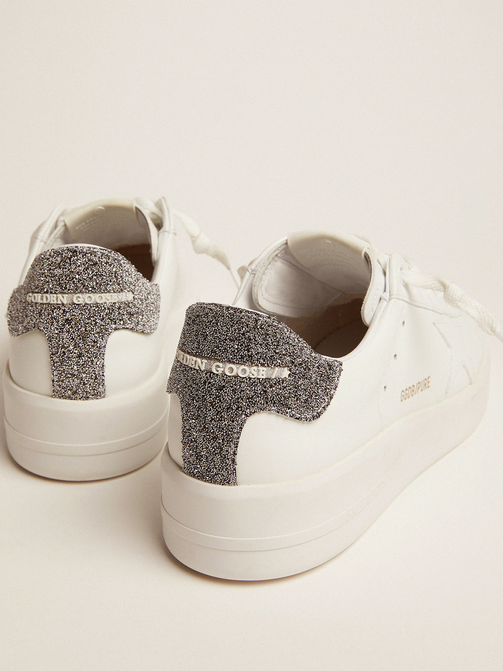 Purestar sneakers in white leather with silver Swarovski crystal heel tab| Golden Goose