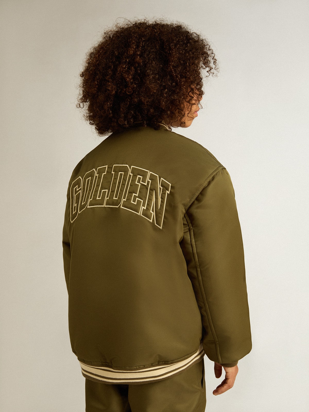 Kids military-green nylon bomber jacket with lettering on the back| Golden Goose
