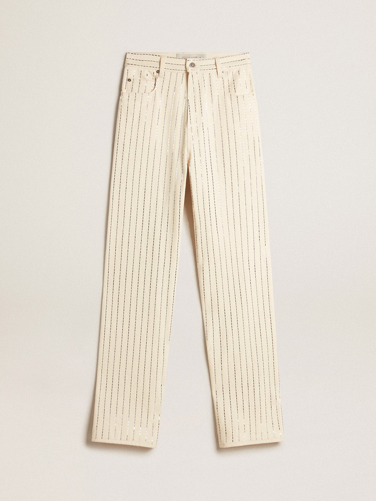 White pants with baguette-shaped studs| Golden Goose