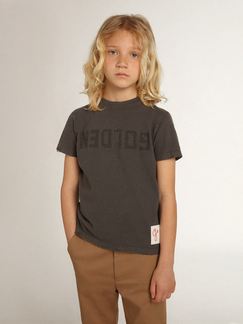 Boys' T-shirt in gray with distressed treatment| Golden Goose