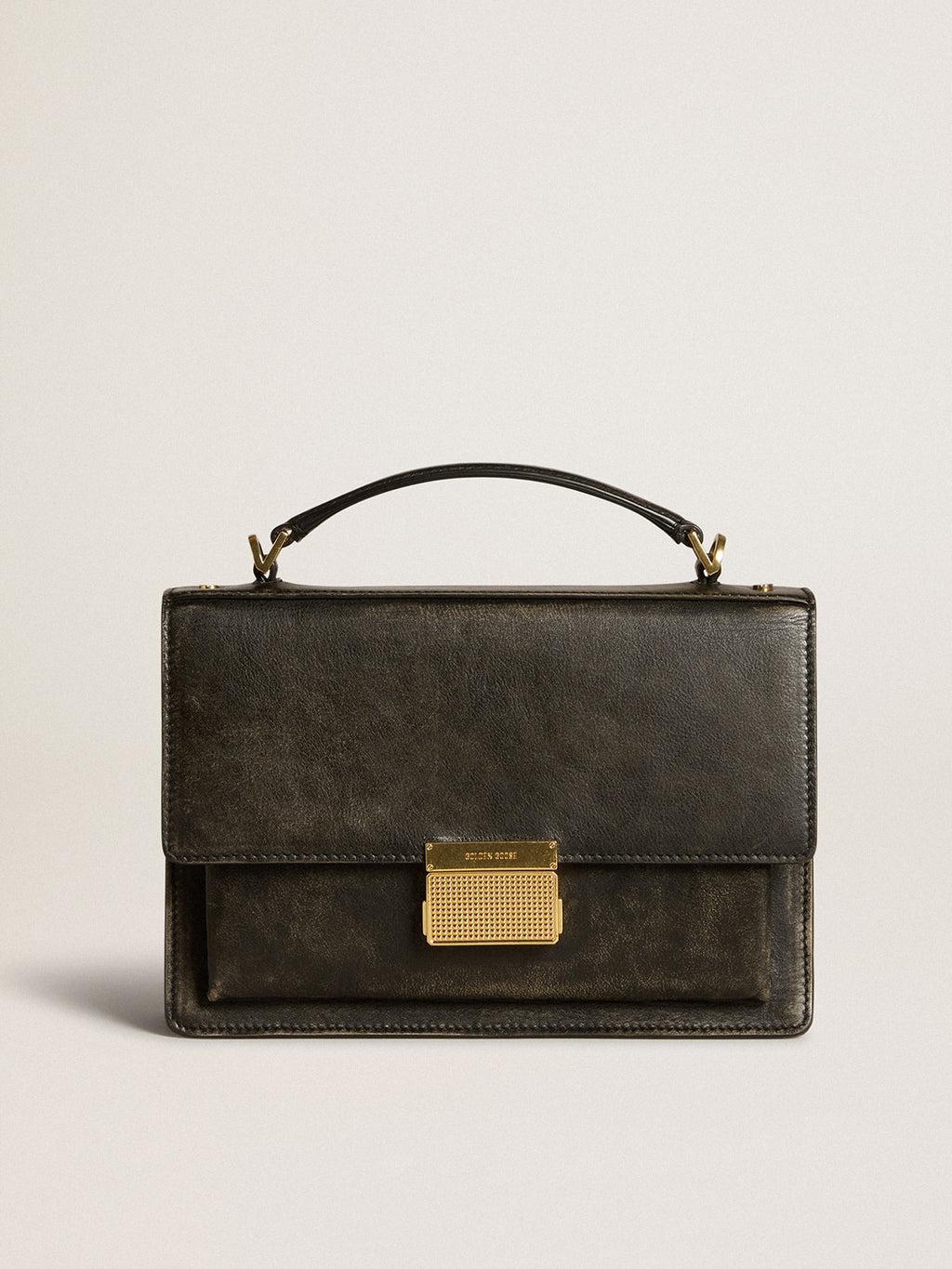 Venezia Bag in black distressed leather with gold details| Golden Goose