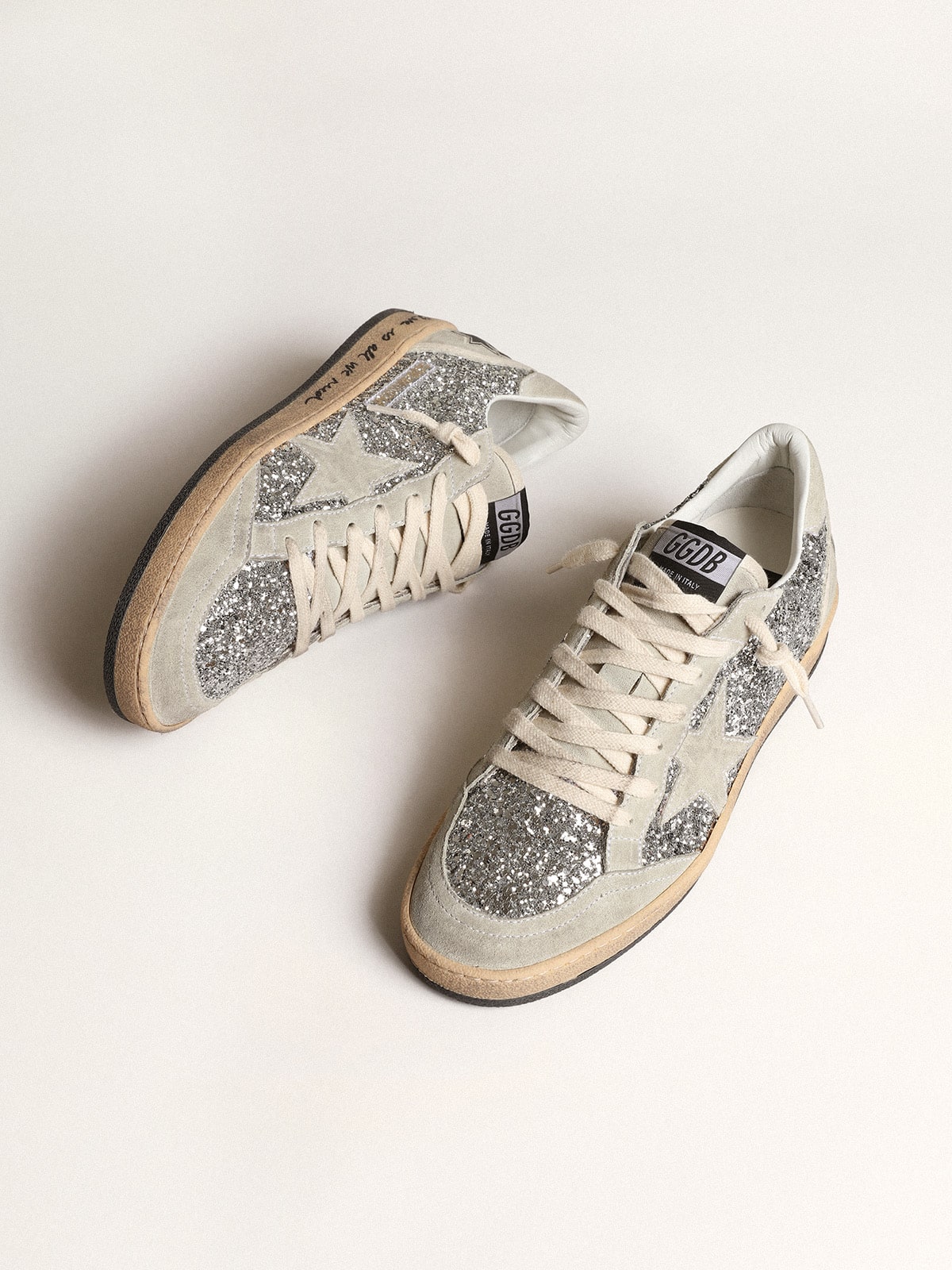 Women's Ball Star in silver glitter with ice-gray suede inserts| Golden Goose