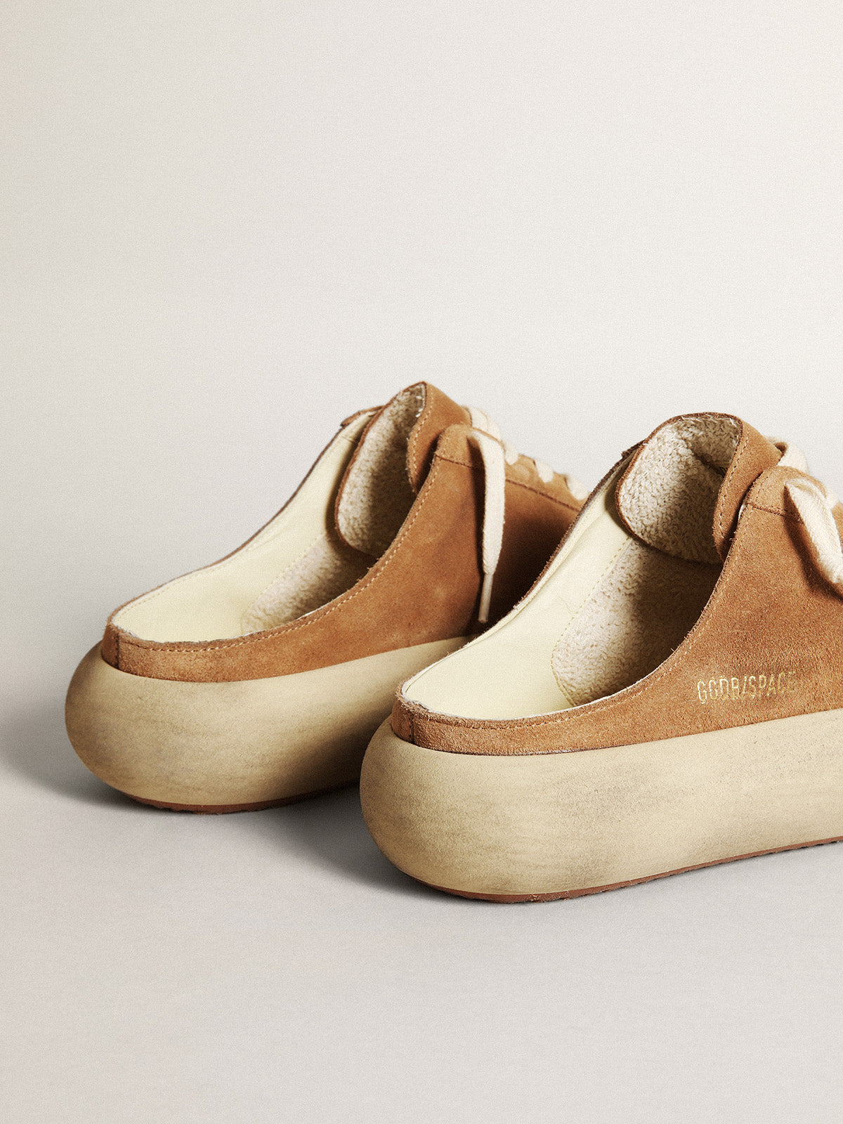Women's Space-Star Sabot in tobacco-colored suede with perforated star| Golden Goose