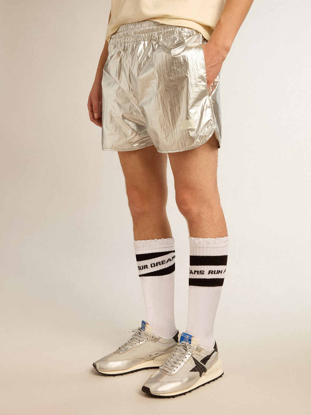 Men's running shorts in silver fabric| Golden Goose