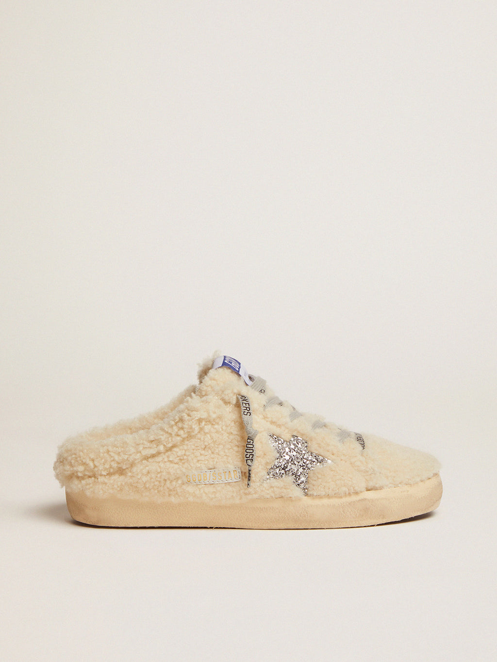 Women's Super-Star Sabot in white shearling and glitter star| Golden Goose