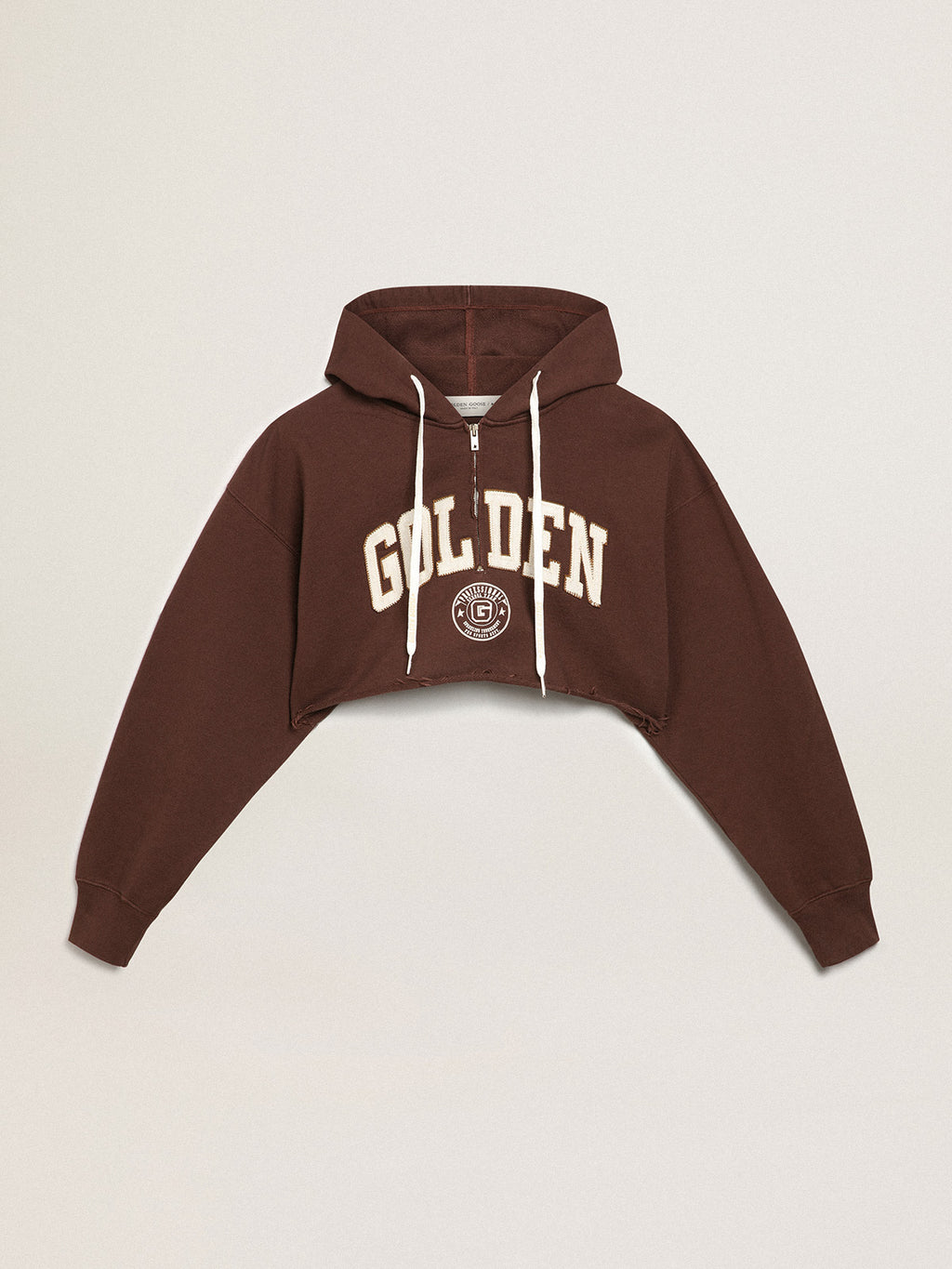 Walnut-brown Journey Collection hooded cropped sweatshirt with contrasting white Golden lettering| Golden Goose