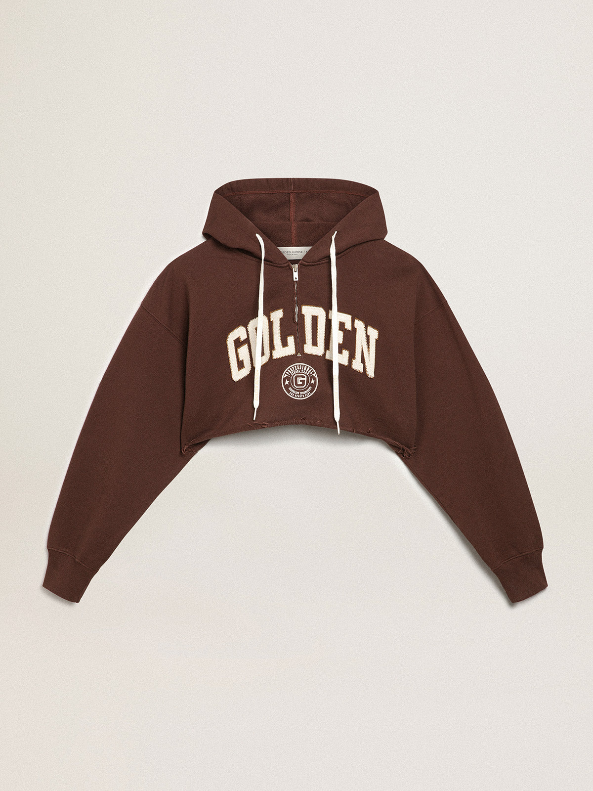 Walnut-brown Journey Collection hooded cropped sweatshirt with contrasting white Golden lettering| Golden Goose